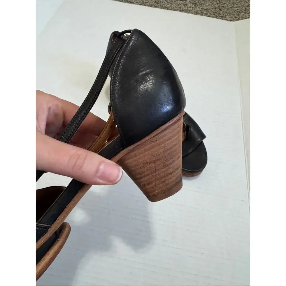 Pepe Monjo Argila Black Leather Strappy Platform Heels Womens 7.5 Boho Classic